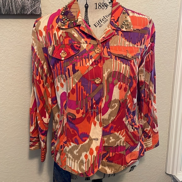 RUBY RD Multicolor Patterned Beaded Linen Jacket wooded button closure SZ:10 ECU - Picture 1 of 13